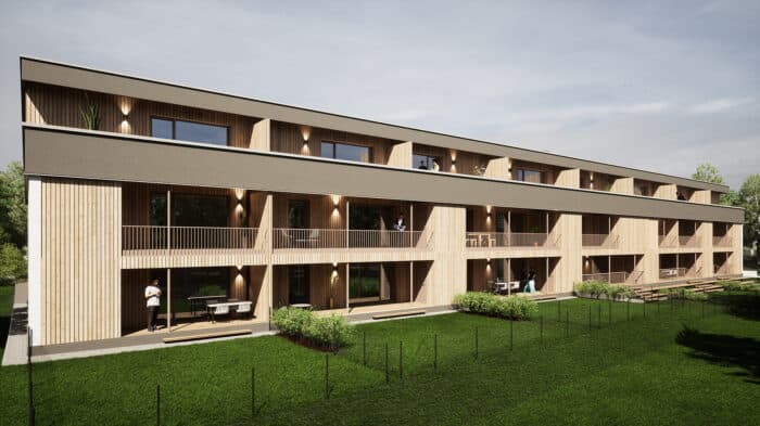 Mehrgeschossiger Wohnbau in Massivholzbauweise, vertikale Holzfassade, Architektur, Loggien, Balkone, Terrassen, Massivholz, CLT