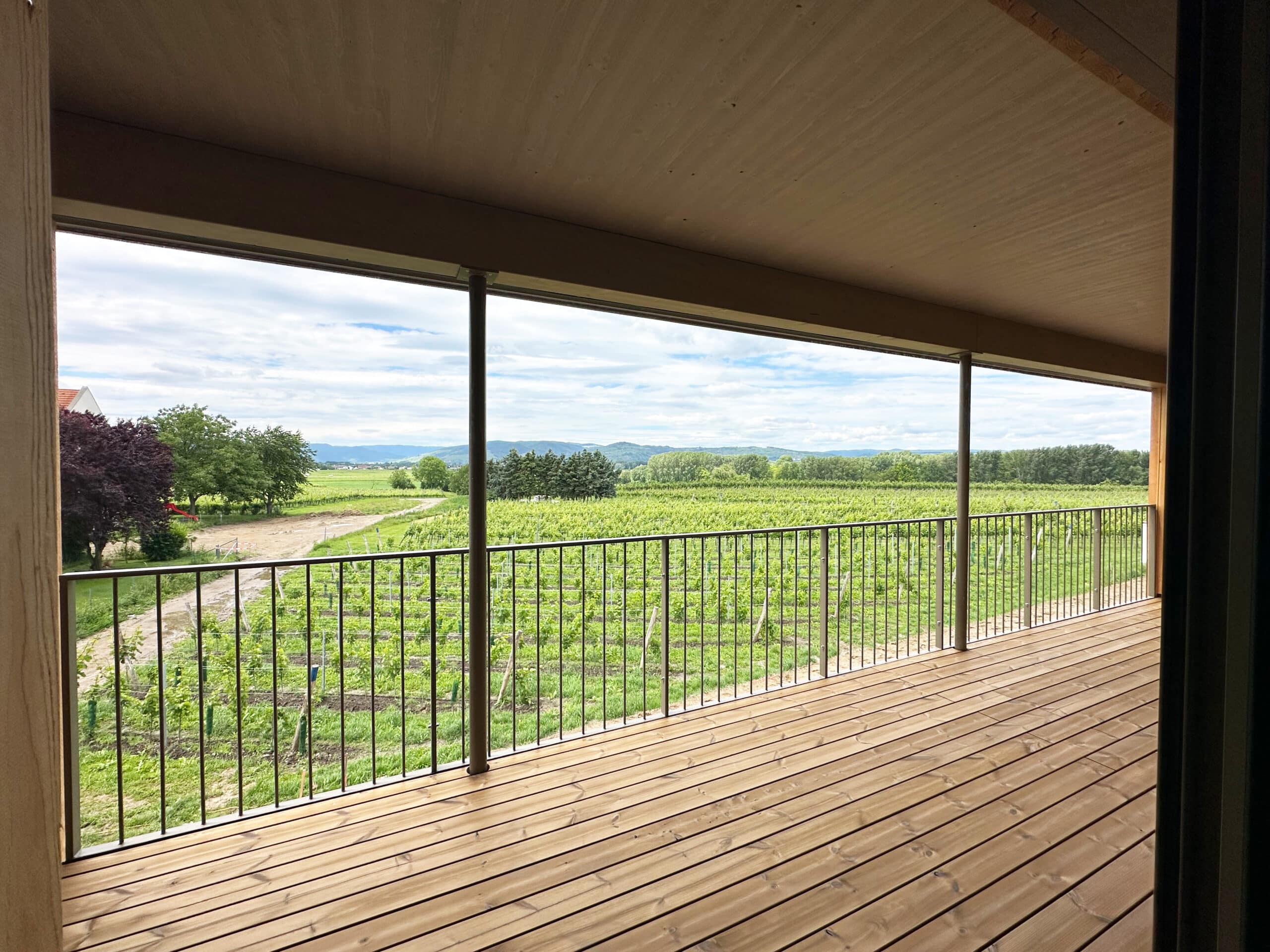 Ausblick vom Balkon mit Holzboden in Brunnkirchen auf die Weingärten
